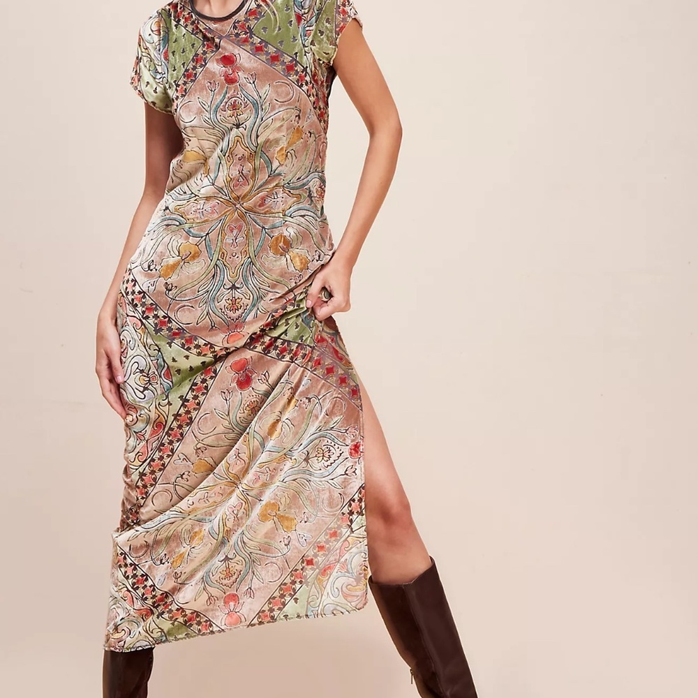 Free People Iris Maxi Dress with Flocked Velvet Design Open Back, Scoop Neck